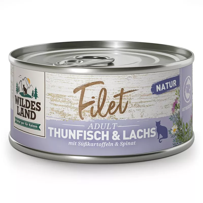 Wildes Land Nassfutter Filet Thunfisch & Lachs mit Süßkartoffeln & Spinat 80g